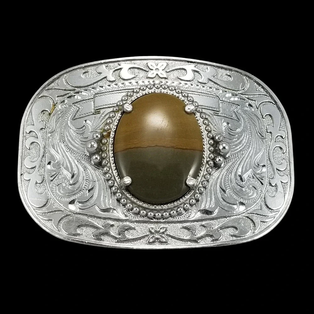 Vintage Western Silver Tone Floral Engraved Belt Buckle‎ with Brown Jasper Stone